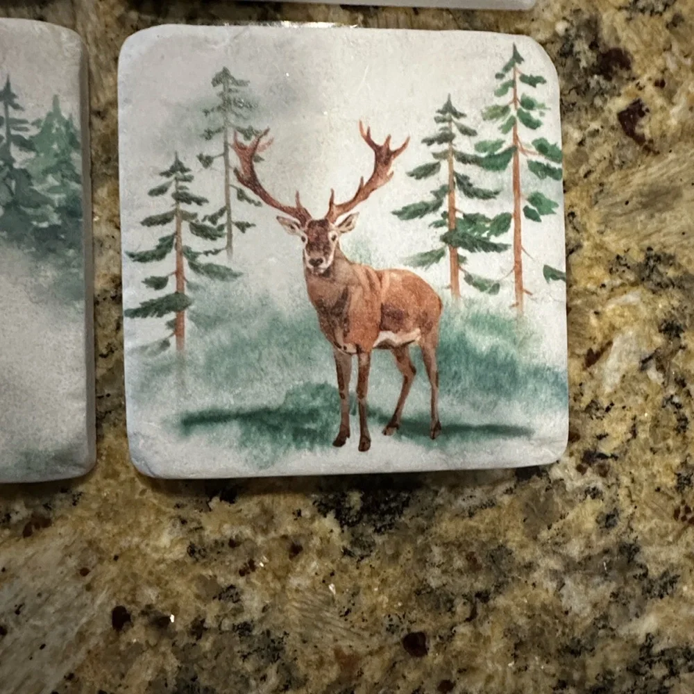 Vintage Forest Wildlife Ceramic Coaster Set - Bear, Elk, Fox, Rabbit